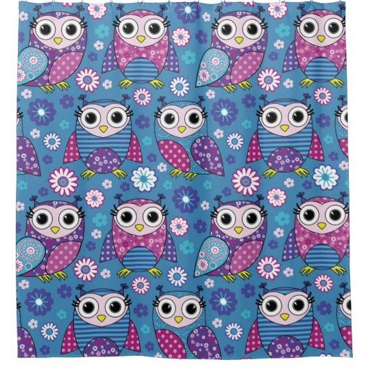 かわいいフクロウと花 シャワーカーテン (正面)