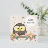 かわいいフクロウと誕生日飾り付きフローラカード カード (スタンド正面)