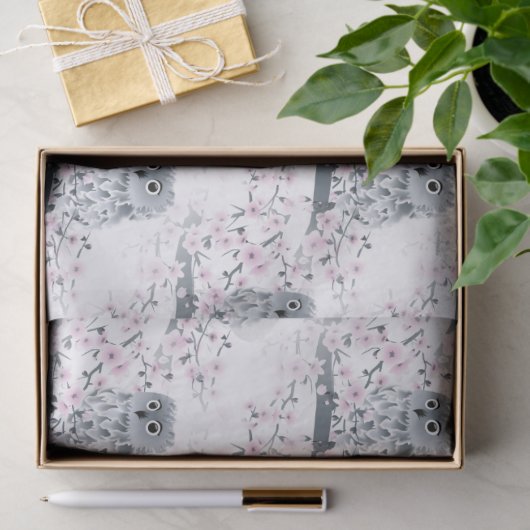 かわいいフクロウのさくらんぼの花模様 薄葉紙 (ギフト)