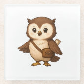 かわいいフクロウのイラスト – おこじょと仲間たち ガラスコースター (正面)