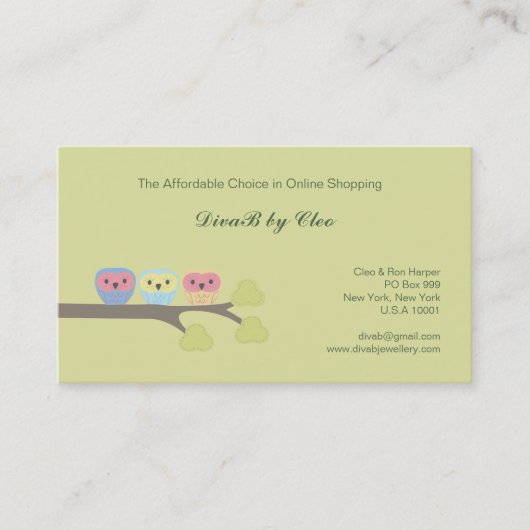 かわいいフクロウのオンライン店のEtsyのファッションビジネスカード 名刺 (正面)