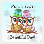 かわいいフクロウのカップルが枝に座る スクエアシール (正面)