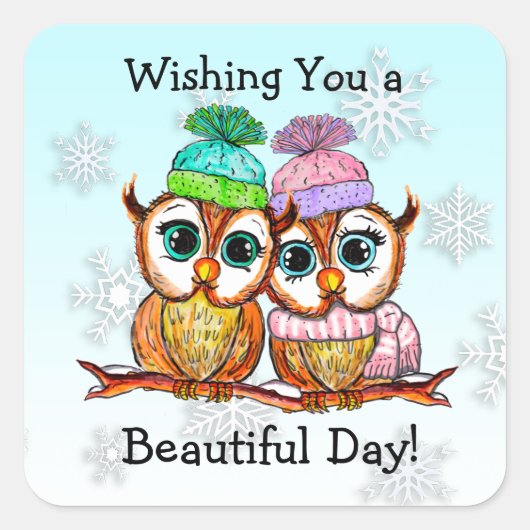かわいいフクロウのカップルが枝に座る スクエアシール (正面)