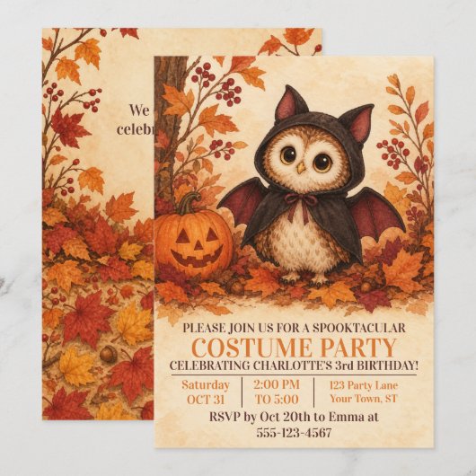 かわいいフクロウのコウモリのハロウィンコスチュームの誕生日パーティー 招待状 (正面/裏面)