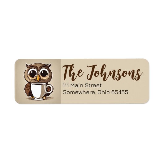 かわいいフクロウのコーヒーリターンアドレス ラベル (正面)