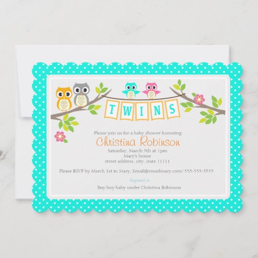 かわいいフクロウのツインベビーシャワー5 x 7の招待カード 招待状 (正面)
