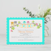 かわいいフクロウのツインベビーシャワー5 x 7の招待カード 招待状 (スタンド正面)