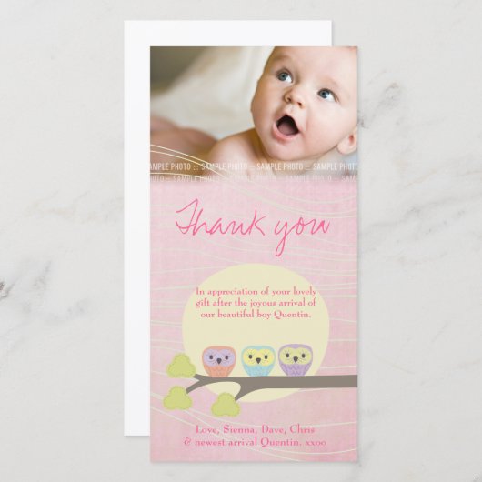 かわいいフクロウのピンクのベビーは写真カード感謝していしています サンキューカード (正面/裏面)