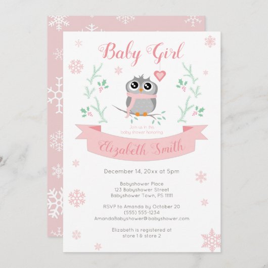 かわいいフクロウのベビーガール冬のバビシャワー 招待状 (正面/裏面)