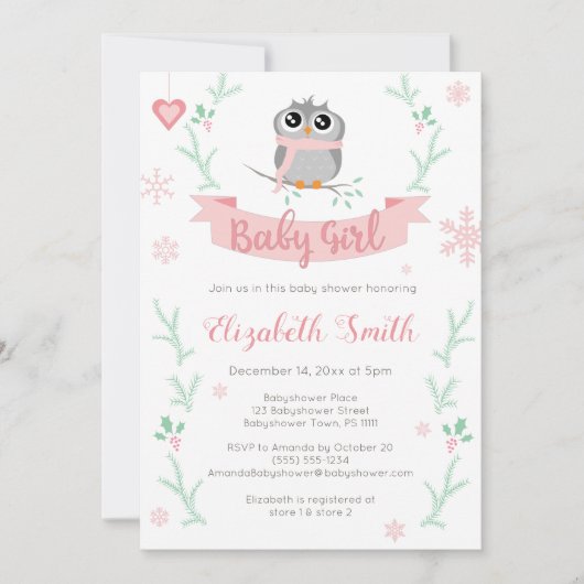 かわいいフクロウのベビーガール冬のバビシャワー 招待状 (正面)