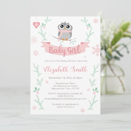 かわいいフクロウのベビーガール冬のバビシャワー 招待状 (スタンド正面)