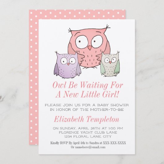 かわいいフクロウのベビーシャワー　女の子です ピンク 招待状 (正面/裏面)