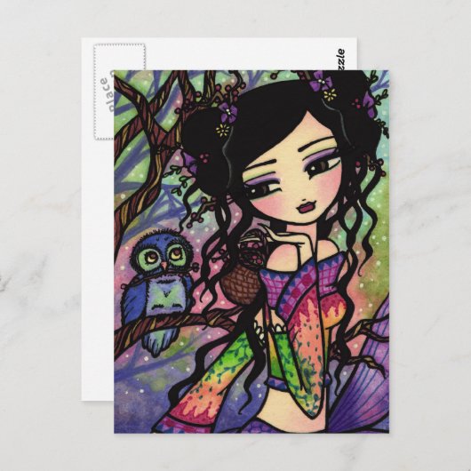 かわいいフクロウのマーメイド ファンタジーアート ポストカード (正面/裏面)