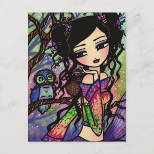 かわいいフクロウのマーメイド ファンタジーアート ポストカード