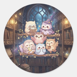かわいいフクロウの図書館ステッカー ラウンドシール
