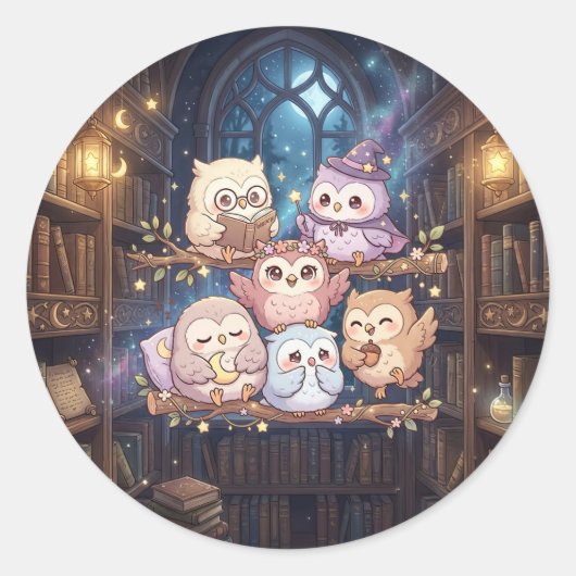 かわいいフクロウの図書館ステッカー ラウンドシール (正面)