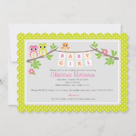 かわいいフクロウの女の子のベビーシャワーの招待 招待状