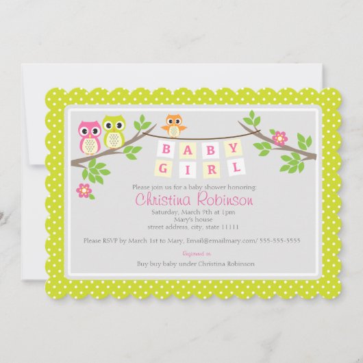 かわいいフクロウの女の子のベビーシャワーの招待 招待状 (正面)