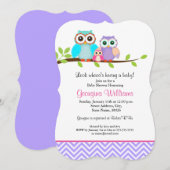 かわいいフクロウの女の子ベビーシャワー招待状 紫とピンク 招待状 (正面/裏面)