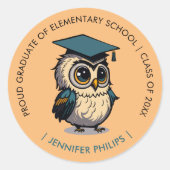 かわいいフクロウの子供たち卒業 |オレンジ新学期 ラウンドシール (正面)