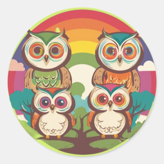 かわいいフクロウの家族 ラウンドシール (正面)