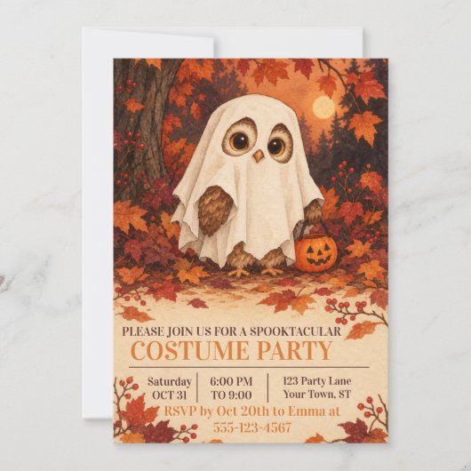 かわいいフクロウの幽霊のコスチューム ハロウィンパーティーの招待状 招待状 (正面)