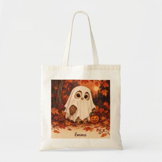 かわいいフクロウの幽霊コスチューム ハロウィーン 名前入り トートバッグ (正面)