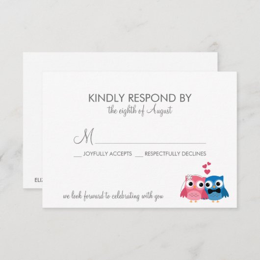 かわいいフクロウの新婦と新郎の結婚式出欠確認カード 出欠カード (正面/裏面)