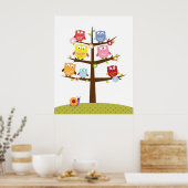 かわいいフクロウの木のイラストレーション ポスター (キッチン)