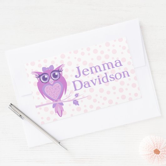 かわいいフクロウの本プレート名パープルidラベルシール 長方形シール (封筒)