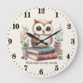 かわいいフクロウの本nook welcome add文字読's ラージ壁時計 (正面)