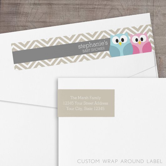 かわいいフクロウの枝に赤ちゃん女の子または男の子シャワー ラップアラウンドラベル