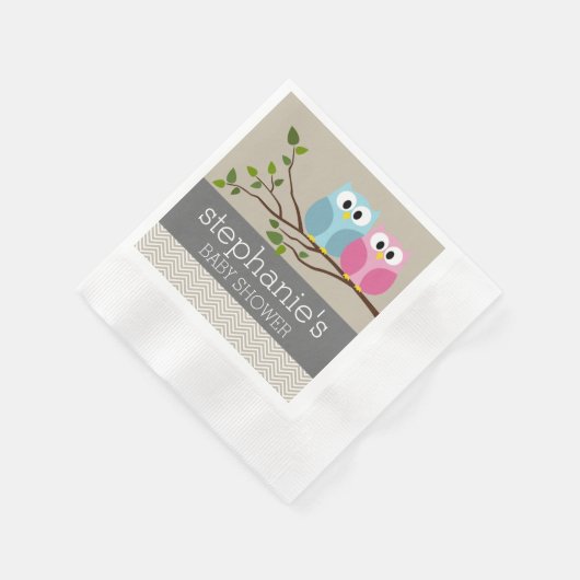 かわいいフクロウの枝に赤ちゃん女の子または男の子シャワー 縁ありカクテルナプキン (角)