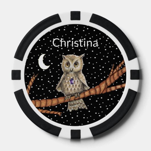 かわいいフクロウの枝クリスタルネックレスムーンスターズ ポーカーチップ (正面)