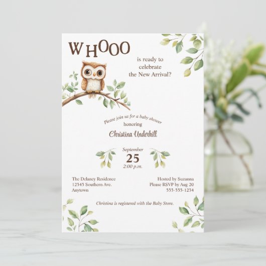 かわいいフクロウの枝水カラー赤ちゃんシャワー 招待状 (スタンド正面)