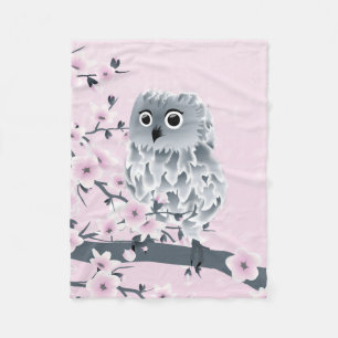 かわいいフクロウの桜のピンクの灰色の花柄 フリースブランケット