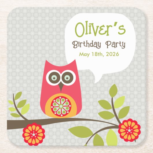 かわいいフクロウの森の誕生日パーティー招待状 スクエアペーパーコースター (正面)