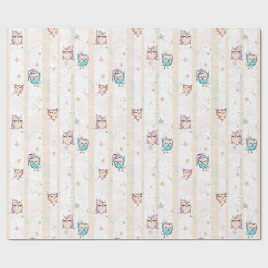 かわいいフクロウの森林木製のピンクの紫色の青いグリッター ラッピングペーパー (フラット)