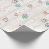 かわいいフクロウの森林木製のピンクの紫色の青いグリッター ラッピングペーパー (角)