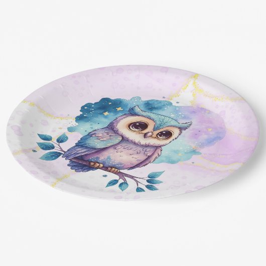 かわいいフクロウの水の色スプラッシュガールベビーシャワー ペーパープレート (アングル)