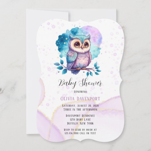 かわいいフクロウの水の色スプラッシュガールベビーシャワー 招待状 (正面)