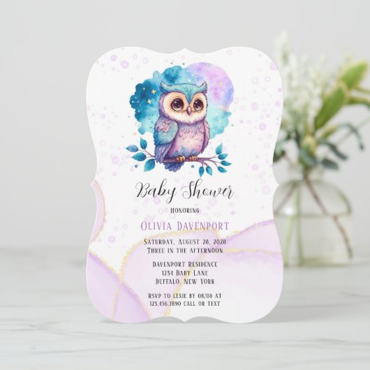 かわいいフクロウの水の色スプラッシュガールベビーシャワー 招待状 (スタンド正面)