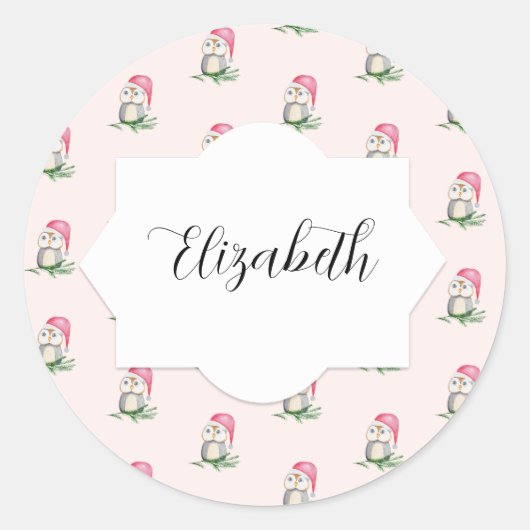 かわいいフクロウの水彩パターモノグラムのン ラウンドシール (正面)