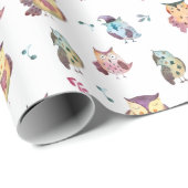 かわいいフクロウの水彩模様 |白 ラッピングペーパー (ロールコーナー)