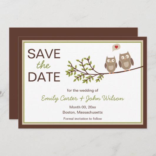 かわいいフクロウの結婚式お知らせカード 招待状 (正面/裏面)