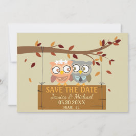 かわいいフクロウの結婚式の「Save the Date」カード（表と裏） 招待状