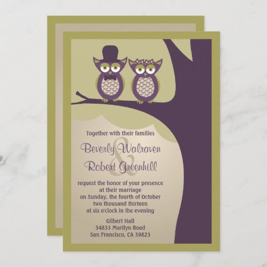 かわいいフクロウの結婚式招待状 招待状 (正面/裏面)