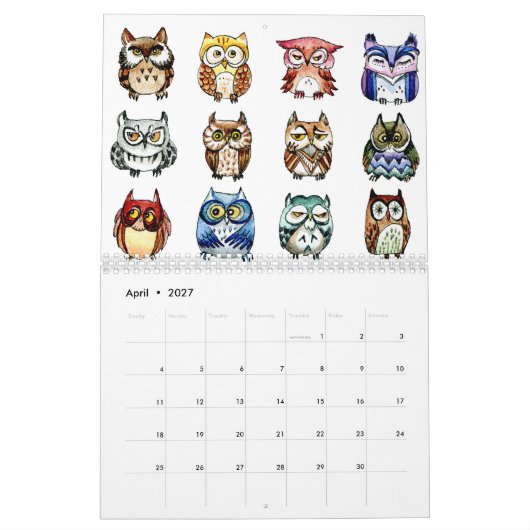 かわいいフクロウの絵 カレンダー (4月 2027)