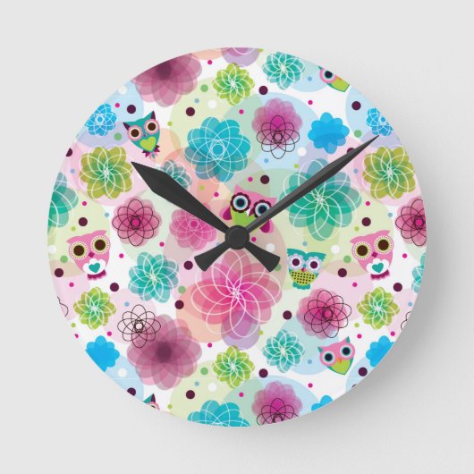 かわいいフクロウの背景パターン ラウンド壁時計 (正面)