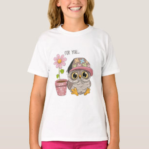 かわいいフクロウの花のガールズTシャツ - スイートフラワーグラフィック Tシャツ